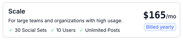 The Scale card in Pallyy's plan picker showing $165/mo billed yearly with 30 social sets, 10 users, and unlimited posts