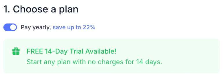 Pallyy's plan picker highlighting that a free 14 day trial is available on any plan with no charges