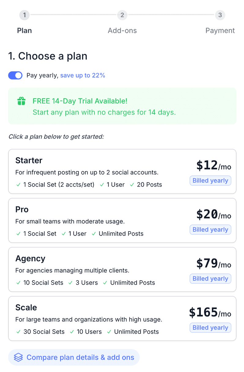 Pallyy's plan picker showing the Pro, Agency, and Scale plans with yearly billing on and a 14 day free trial notice