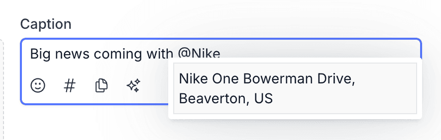 Typing @Nike in the LinkedIn caption in Pallyy with a page suggestion appearing below the caption