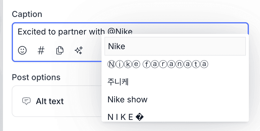 Typing @Nike in the Facebook caption in Pallyy with the page mention dropdown open below the caption