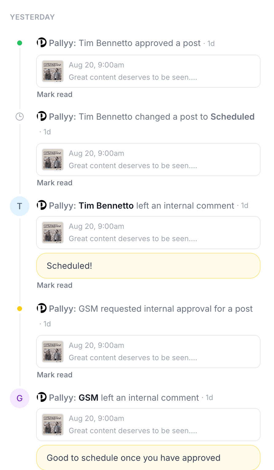 Pallyy's notifications panel filtered to unread, listing approval, status change, and comment notifications with Mark read links under each one