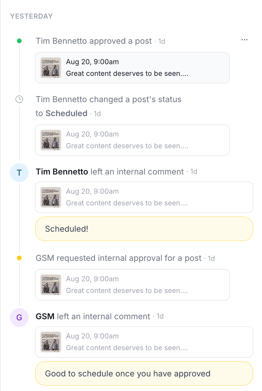 Pallyy's Post History panel showing a timeline of approvals, status changes, and internal comments on a post, grouped by day