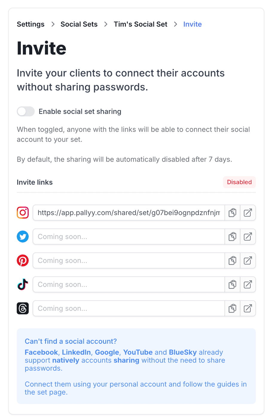 The Invite page in Pallyy with the social set sharing toggle and per-network invite links