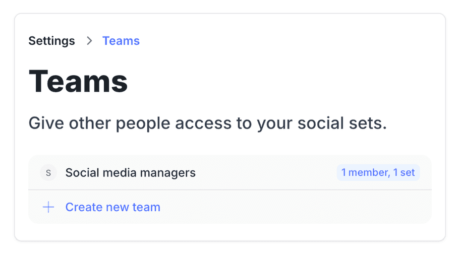 The Teams settings page in Pallyy showing a team and the social sets it grants access to