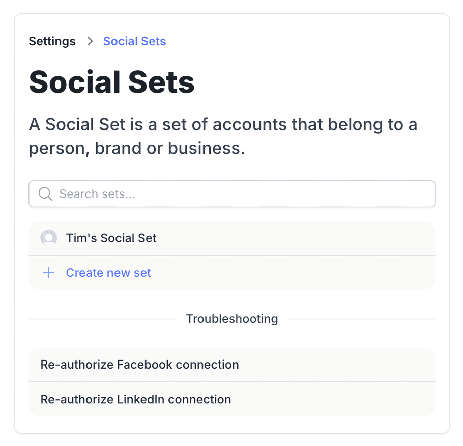 The Social Sets settings page in Pallyy with each client's set listed separately