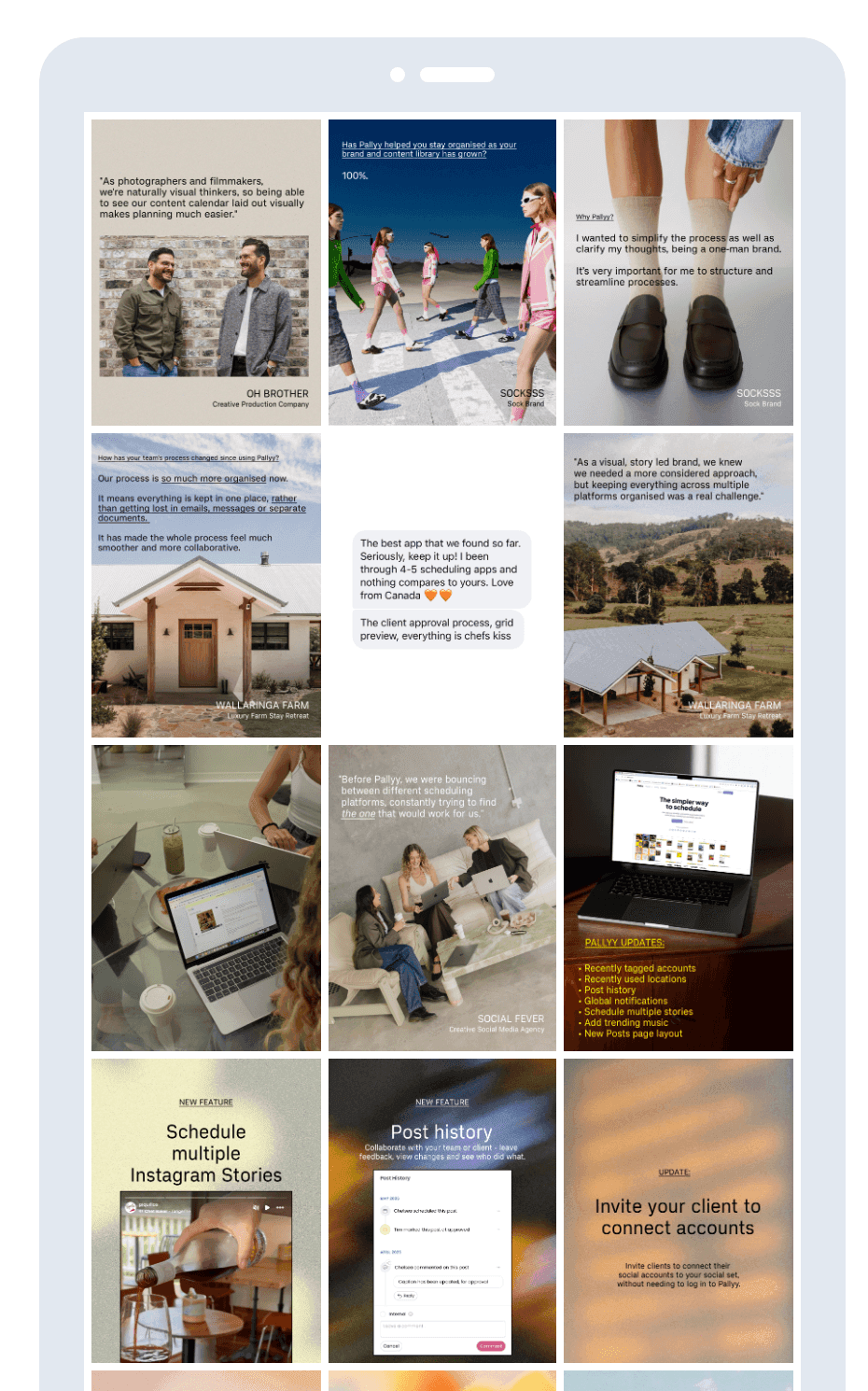 Pallyy's Instagram grid planner, with the upcoming feed arranged in a phone-frame preview