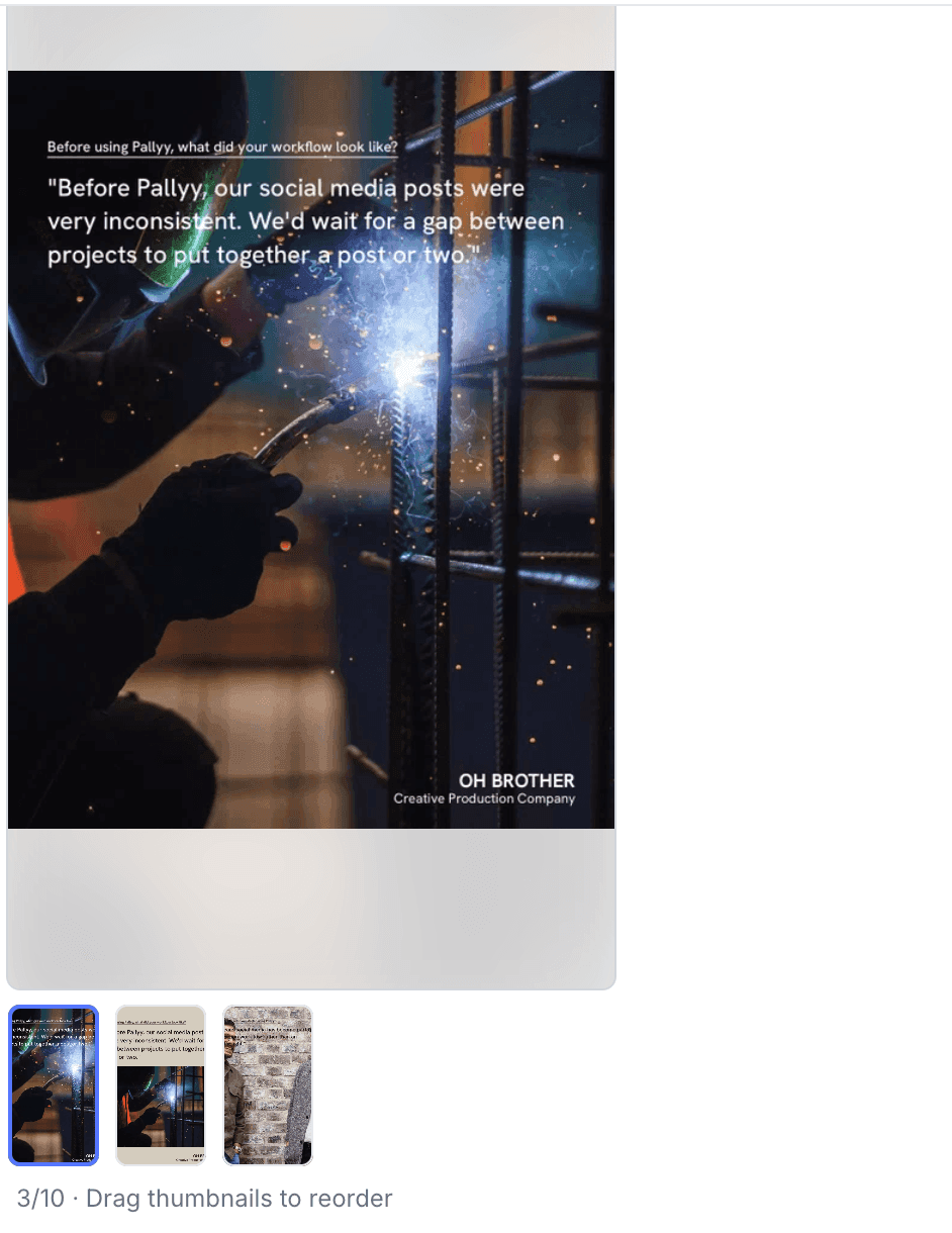 An Instagram story post in Pallyy with three media items attached, each publishing as its own story frame