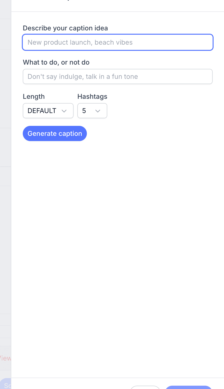 Pallyy's AI caption generator with fields to describe your caption idea, set tone instructions, pick a length and hashtag count, and a Generate caption button