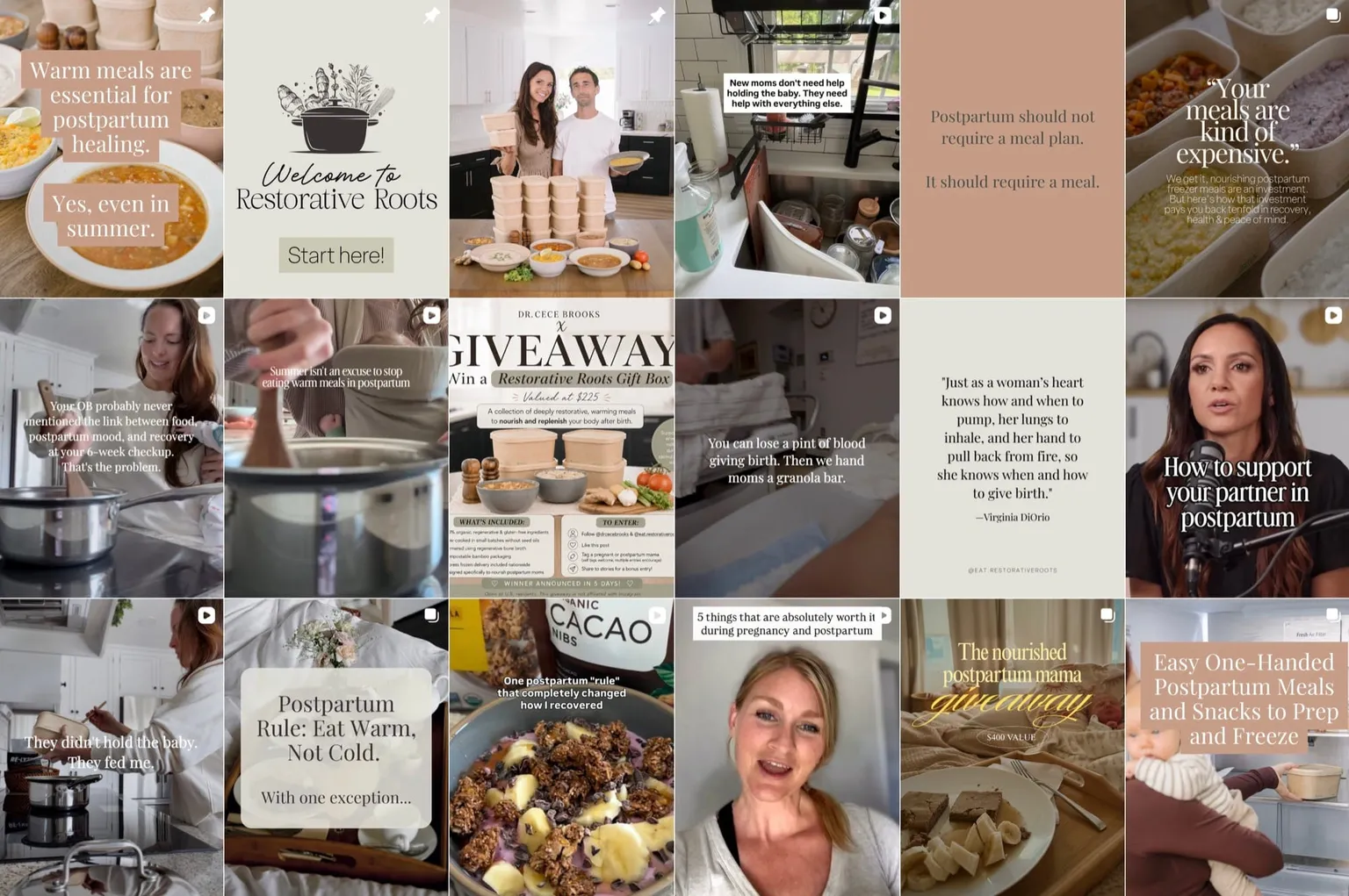 A grid of educational, product, and founder posts on the Restorative Roots Instagram profile