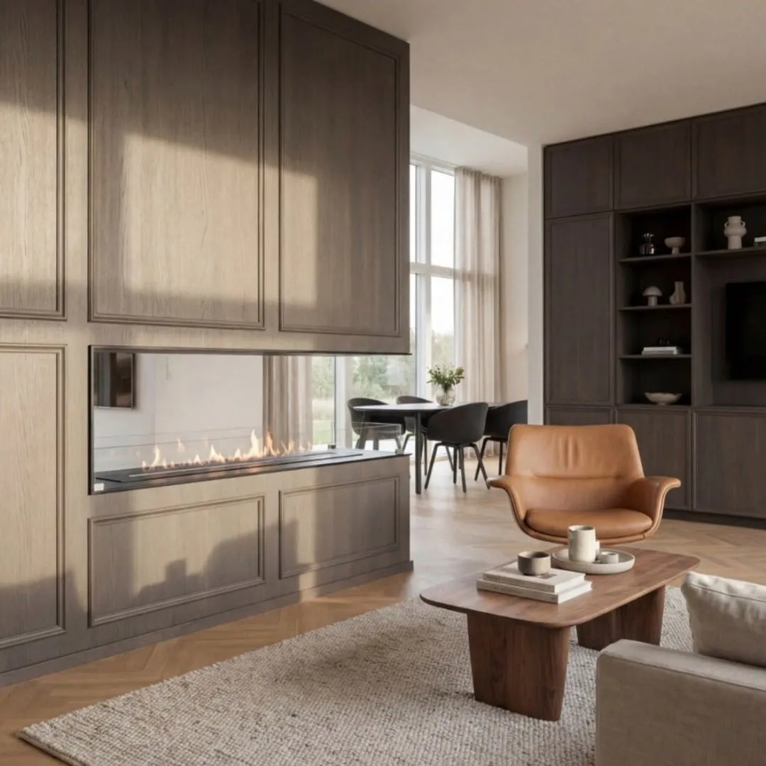 A Decoflame three-sided BEV bioethanol fireplace dividing an open-plan living and dining space