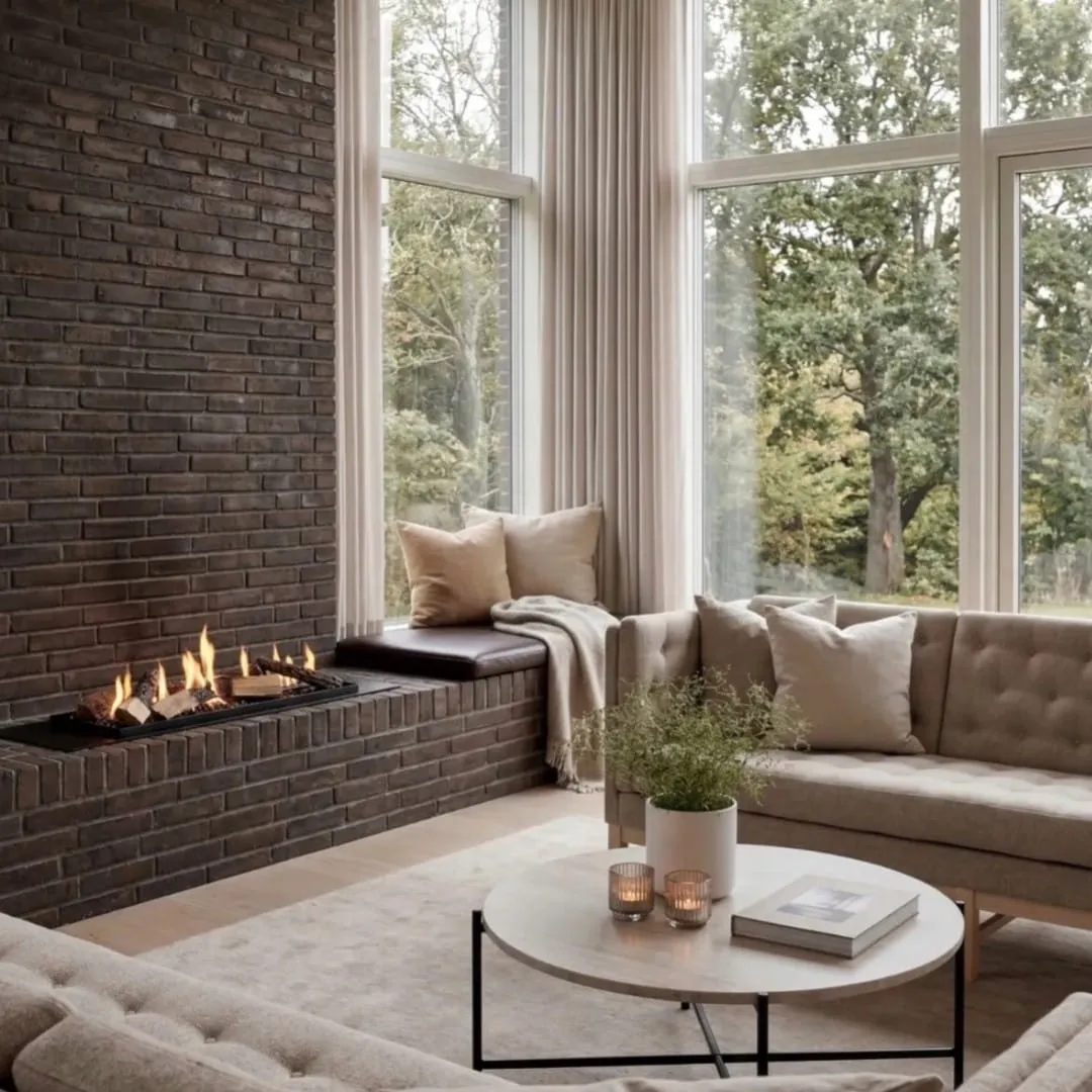 A Decoflame fireplace set into a dark brick bench beneath large windows in a living room