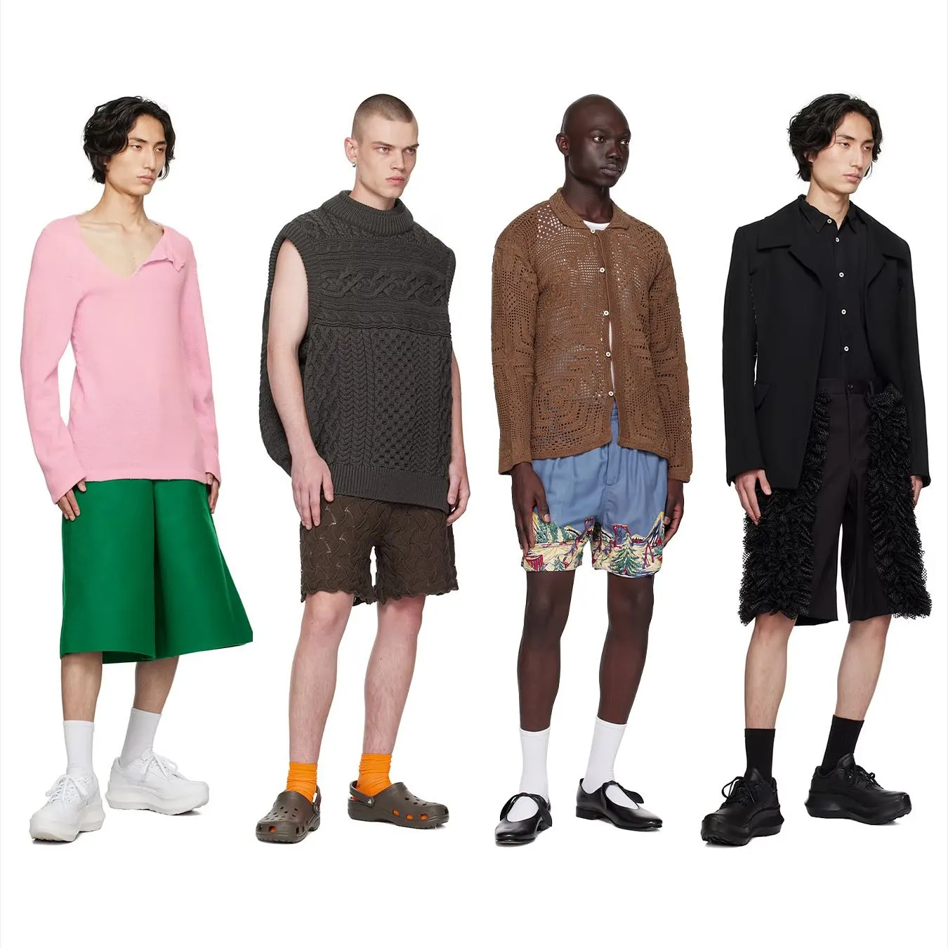 Four models wearing SOCKSSS socks in looks stocked on SSENSE