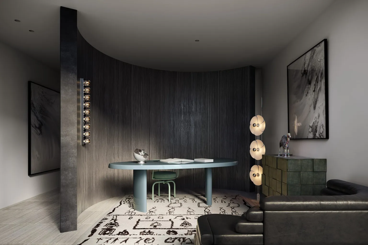 A curved timber-lined study by Studio Terrando with an oval desk, sculptural floor lamp and Moroccan rug