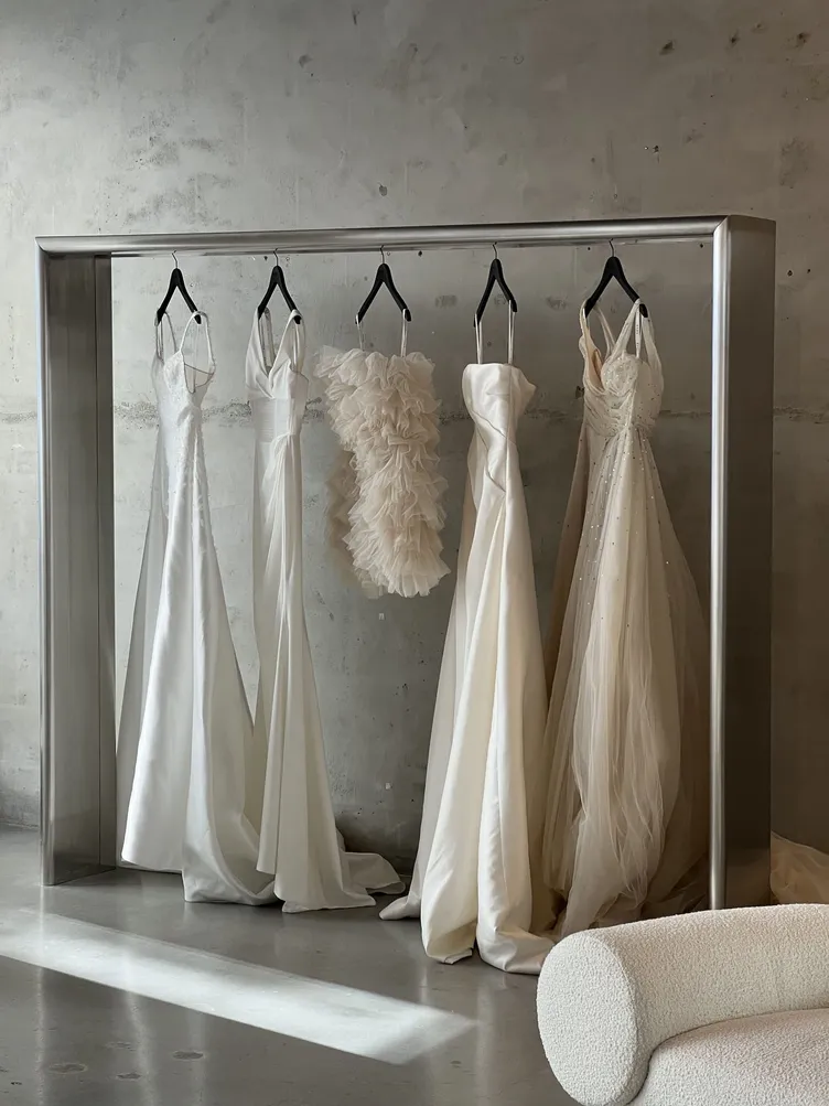 A bridal showroom by Studio Terrando, with gowns on a steel rail against raw concrete